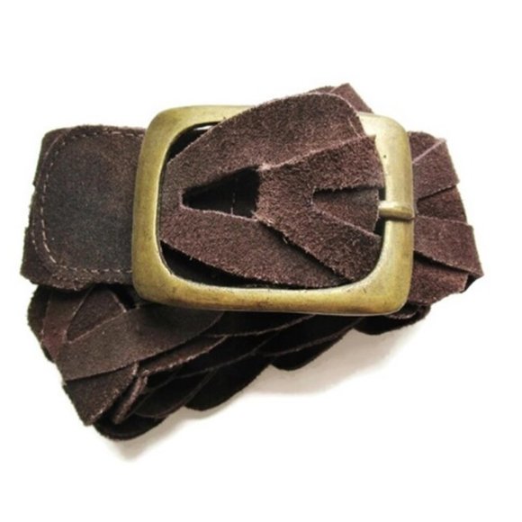 Vintage Dark Brown Belt Braided Suede Interlocking Links Unisex Leather S / M - Picture 5 of 5